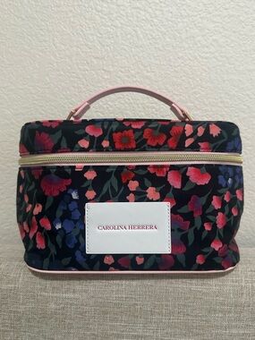 Carolina Herrera Navy Floral Train Case with Pink Handle